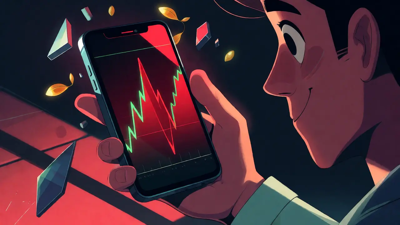 A person holding a phone with a volatile crypto chart, surrounded by symbols of risk and potential reward.