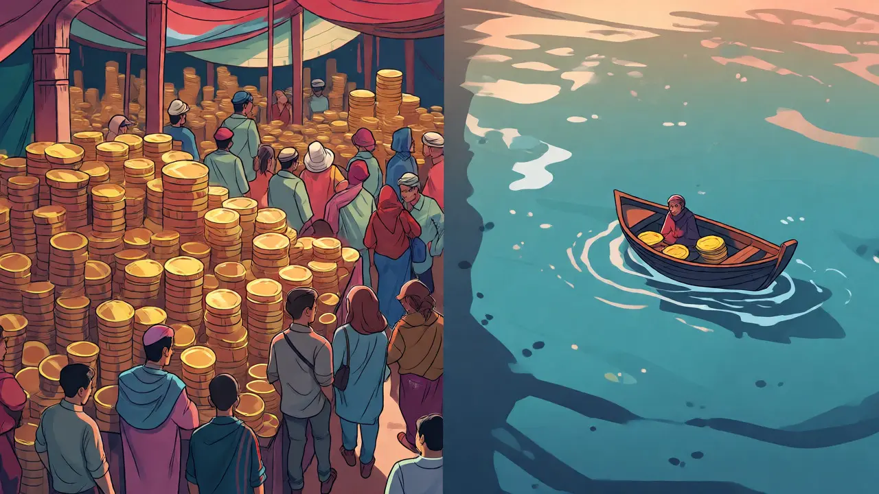 A visual comparison of a huge busy market versus a tiny isolated island representing Shido DEX liquidity.