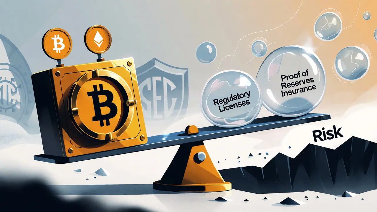 Balance scale tipping as regulatory protections pop away, leaving crypto funds vulnerable to risk.