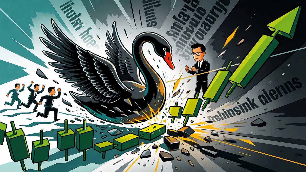 Black swan event shattering candlestick charts, illustrating price action failure.