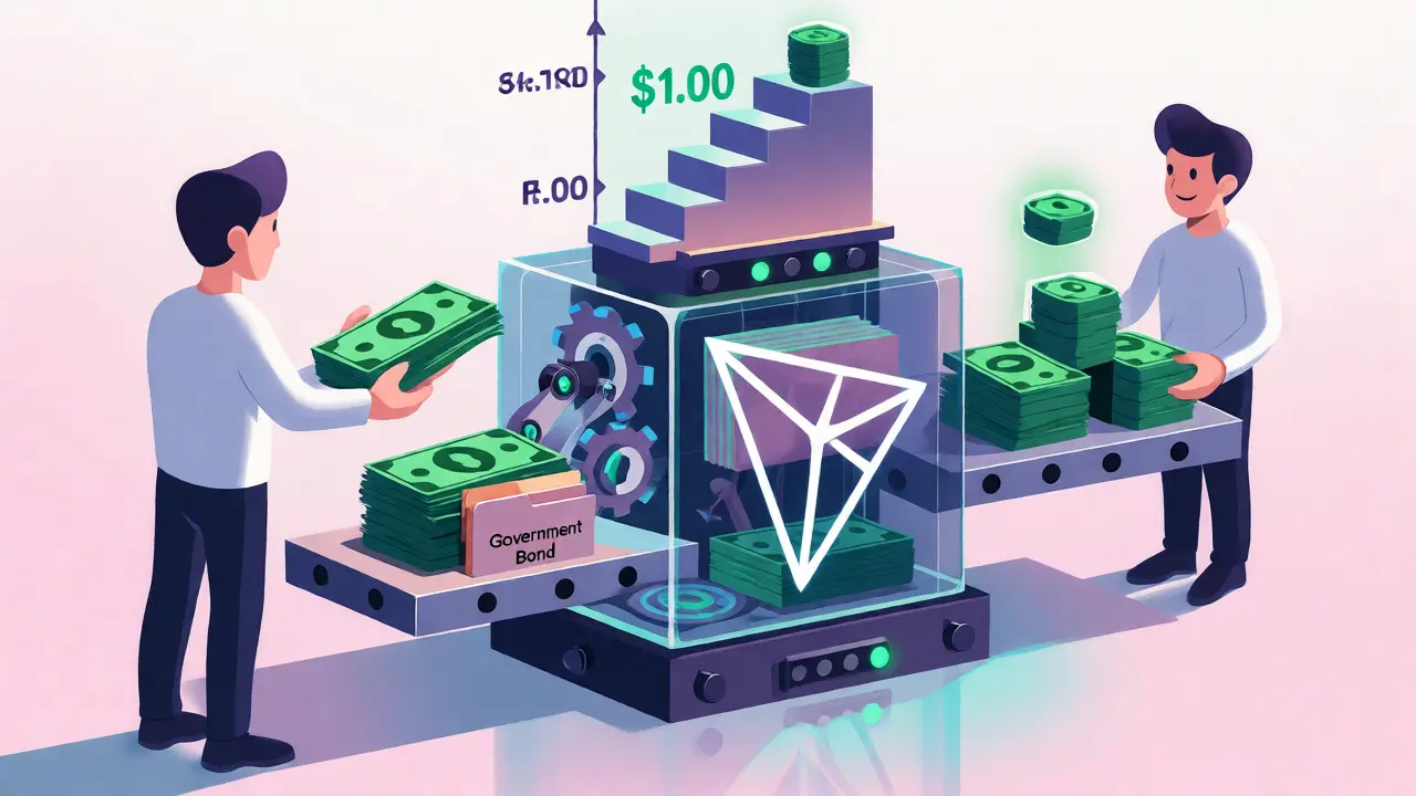 Cartoon assembly line depicting USDT deposit, bond investment, and token rebasing mechanics.