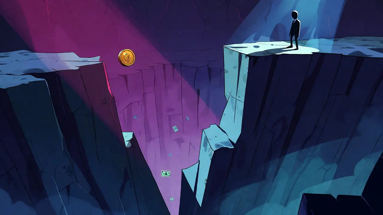 Coin balancing on a cliff edge above an empty liquidity canyon