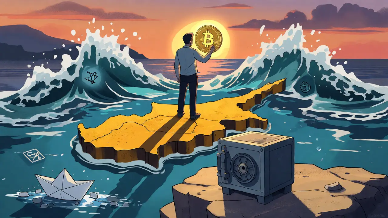 Conceptual art of a person on a stable Cyprus-shaped island protected from tax waves, holding Bitcoin near a secure vault.