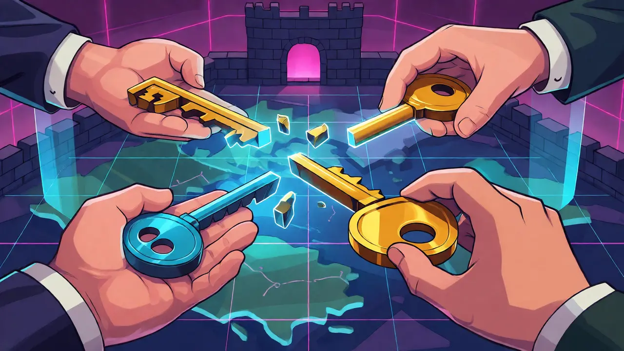 Conceptual illustration of MPC technology splitting a key into secure distributed shards.