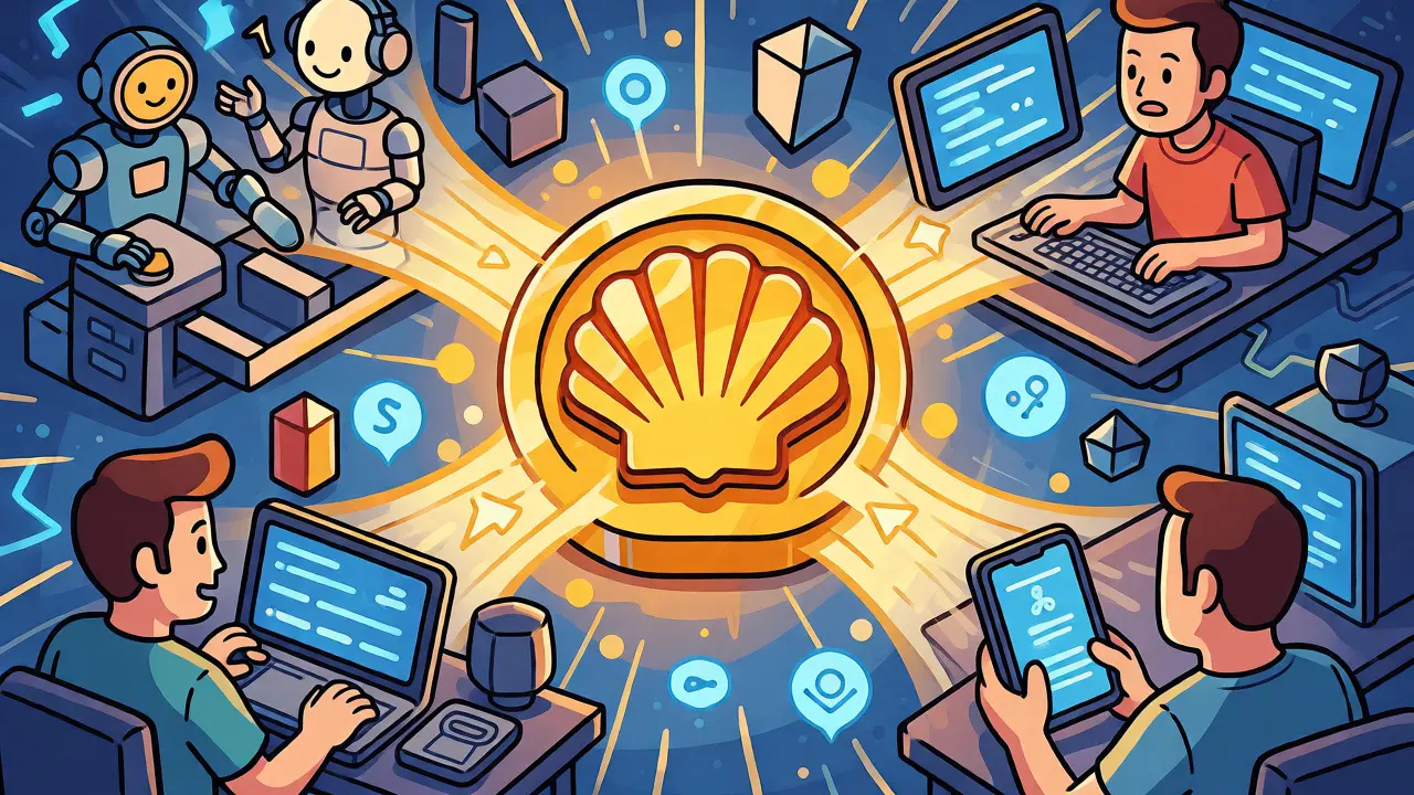 Diagram showing SHELL token flows between creators, devs, and users