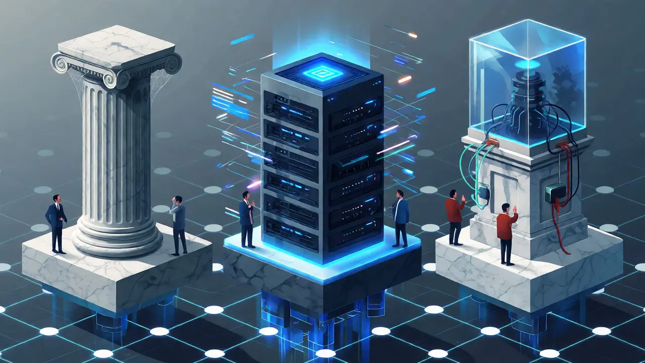 Editorial art comparing bank, fintech, and hybrid crypto custody models visually.