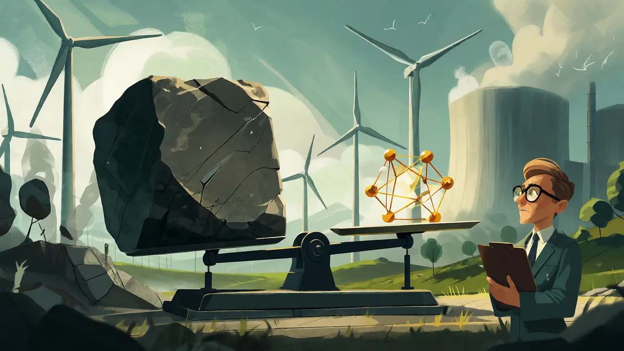 Editorial art comparing heavy proof-of-work energy use against lightweight efficient networks.
