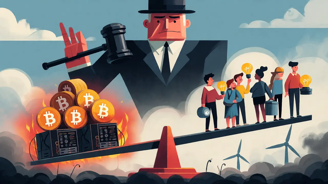 Editorial art showing citizens balancing against mining demands during energy crisis.