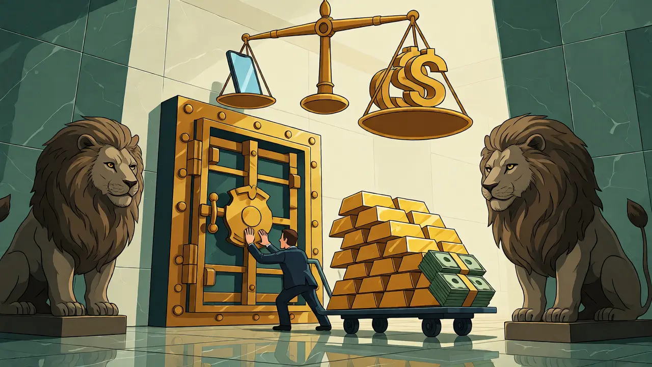 Entrepreneur pushing heavy capital weights toward a secure vault entrance
