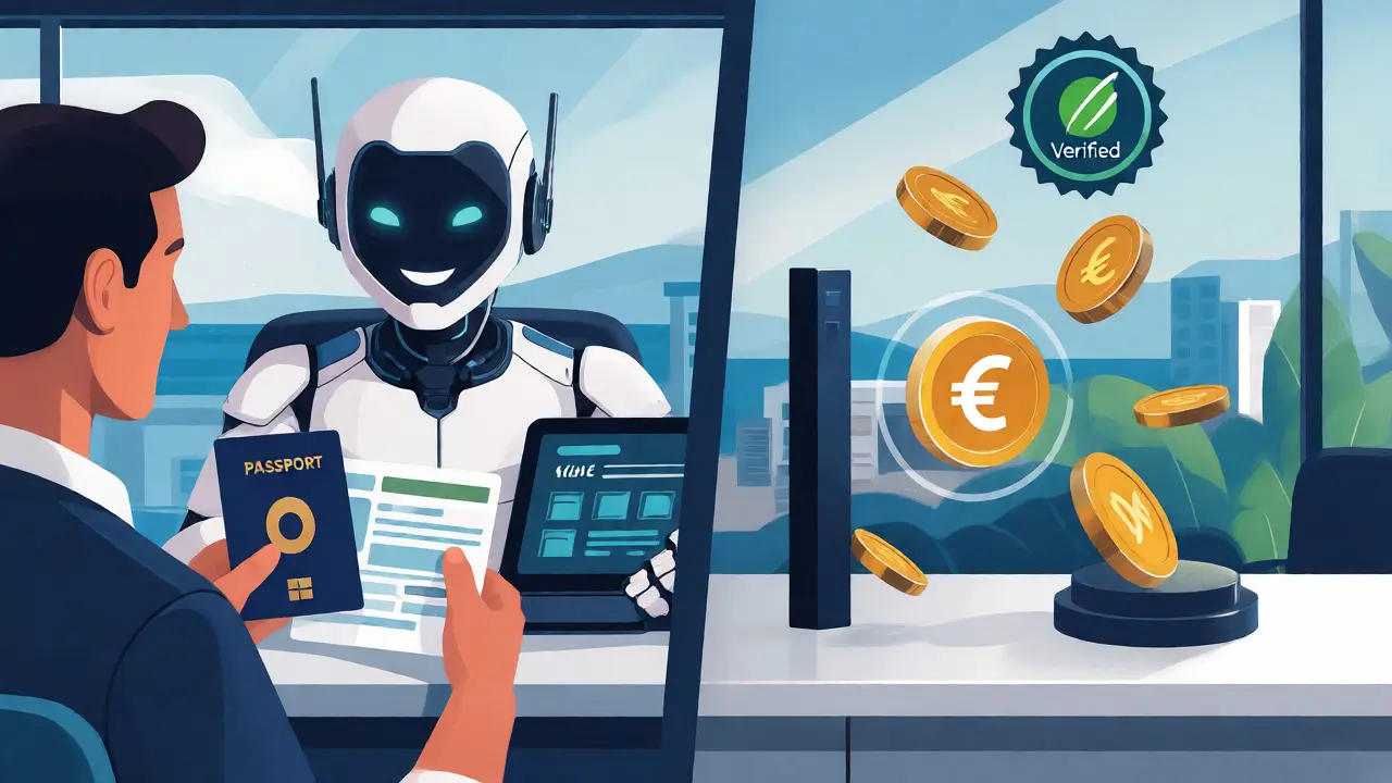 Friendly cartoon scene showing KYC document verification leading to smooth crypto transactions in Cyprus.