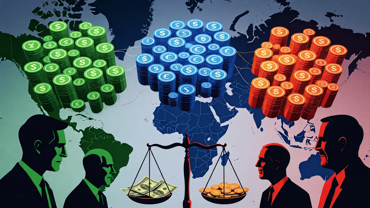 Geopolitical illustration of fragmented digital currency blocs and policy challenges.