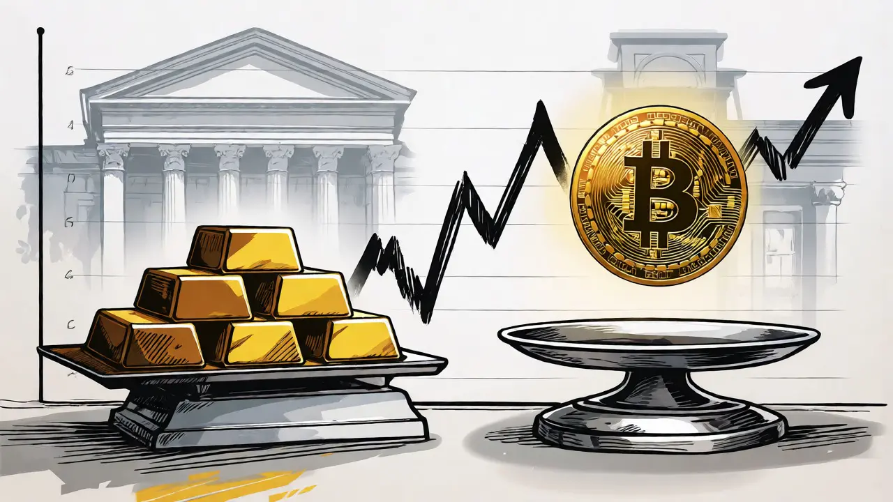 Gold bars compared to a floating Bitcoin on scales, symbolizing scarcity.