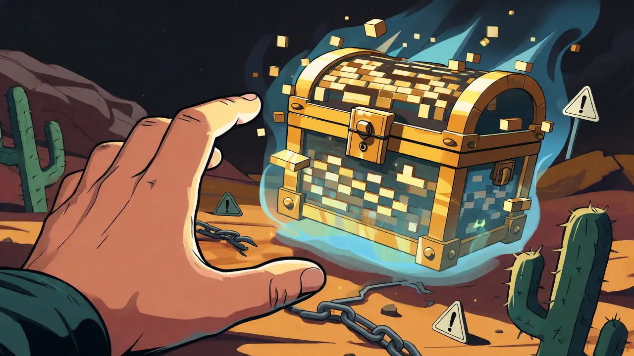 Hand reaching for an elusive, pixelated treasure chest in a digital desert.