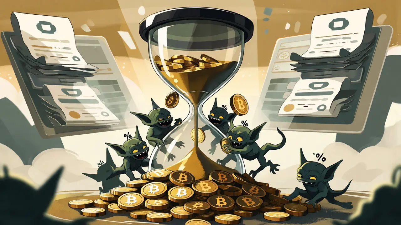 Hourglass losing gold coins to fee-eating creatures illustrating cost drag