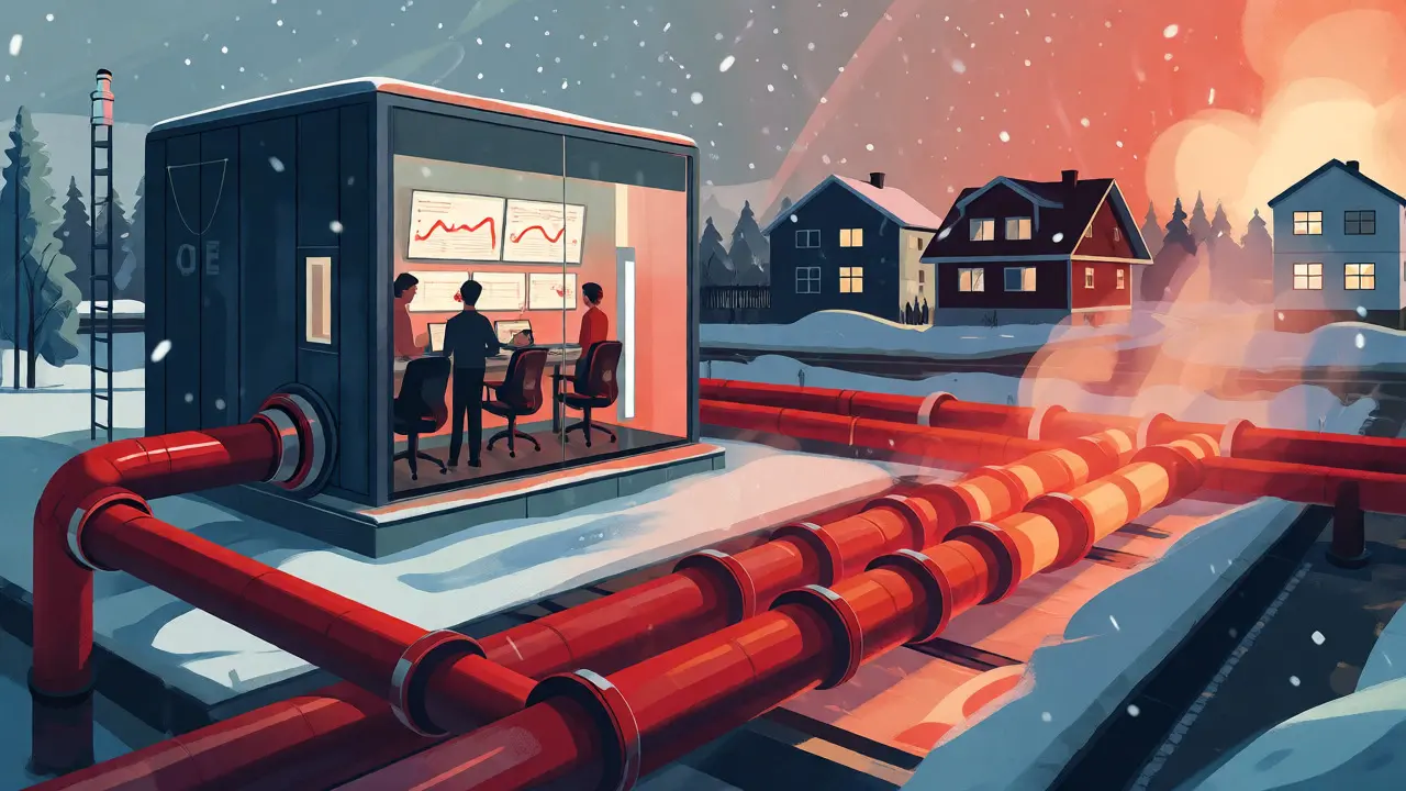 Illustration of a Swedish mining facility piping waste heat to warm local homes in winter.