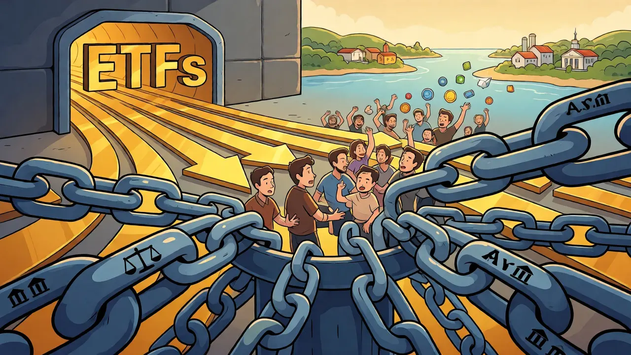 Illustration of crypto capital migrating from restricted exchanges to ETFs and offshore hubs.
