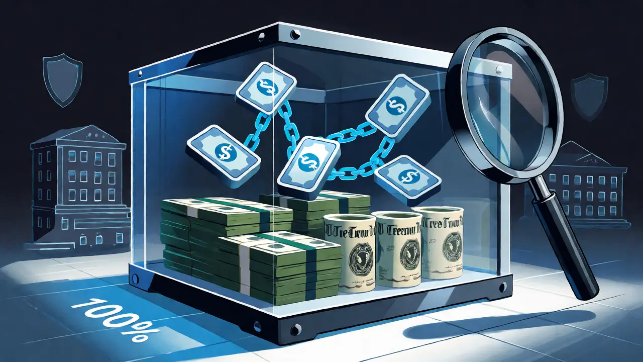 Illustration of stablecoin reserves backed by cash and treasuries in a vault