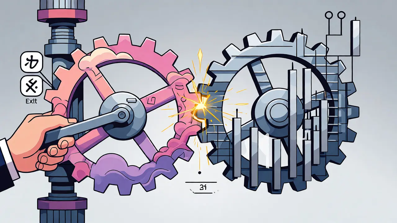 Interlocking gears of sentiment and price action driving crypto trading strategy.