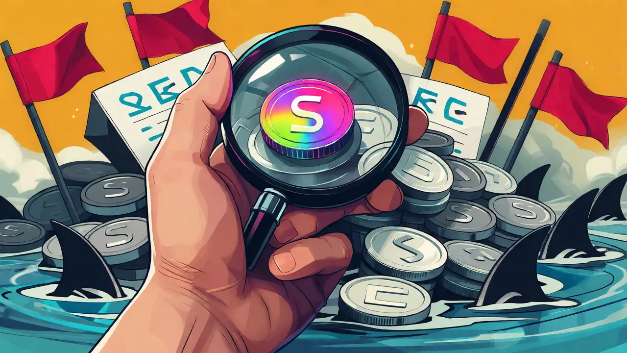 Magnifying glass inspecting crypto coins amid risk warnings