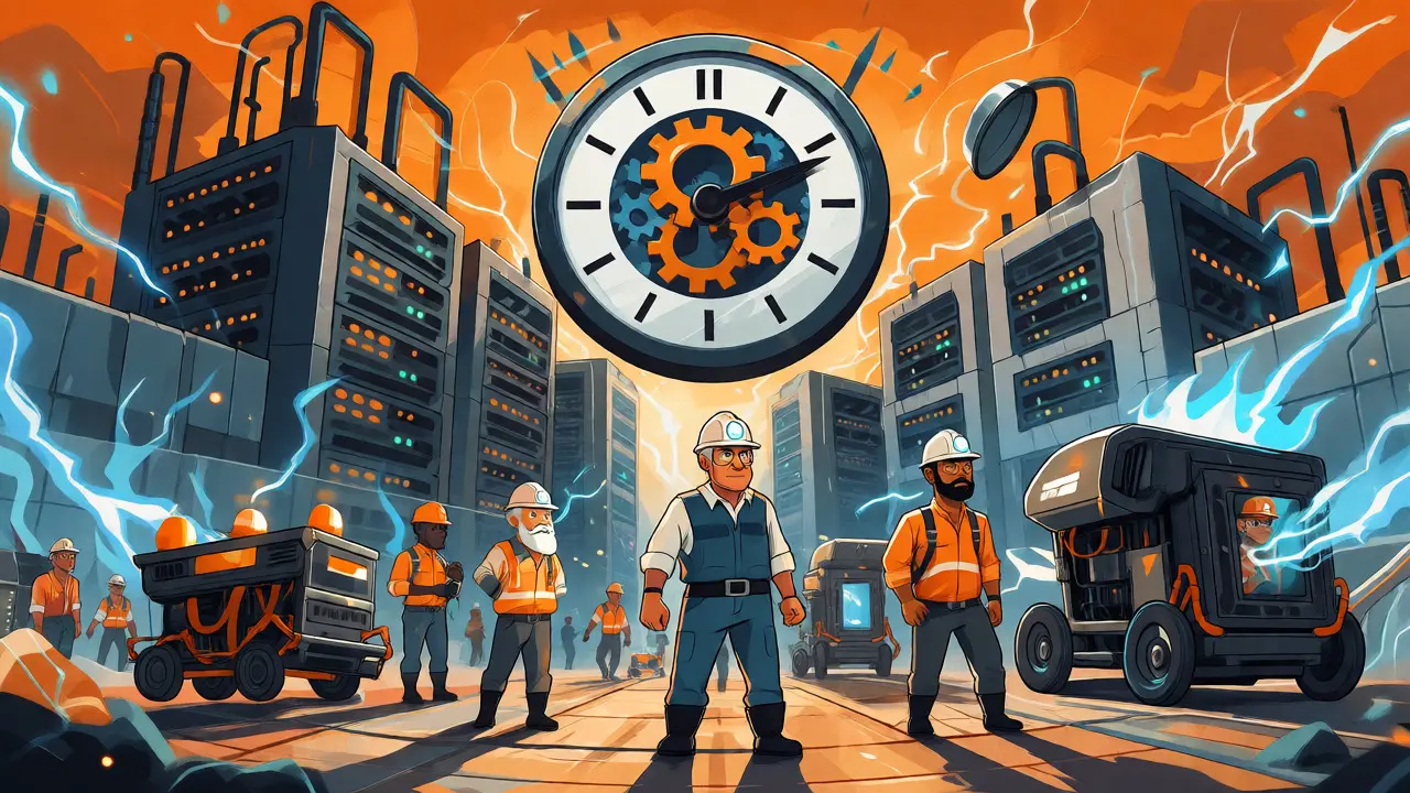 Miners managing a large server farm facility during a halving event.