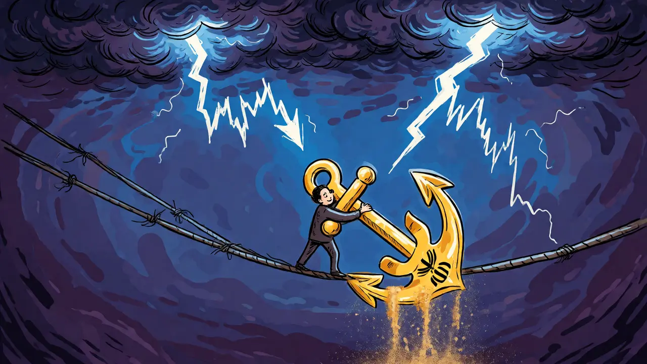 Person balancing on frayed rope holding dissolving Rial anchor over abyss