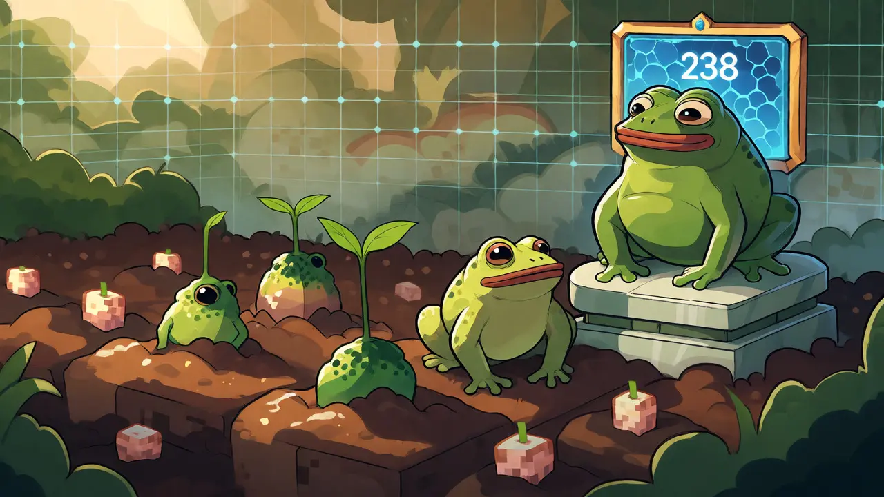 Pixelated frogs growing from seeds to adults on a blockchain grid