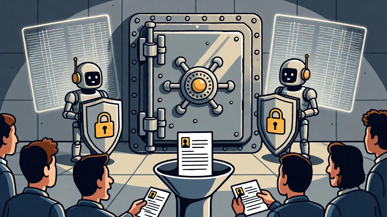 Secure crypto vault guarded by robots with users submitting ID for verification.