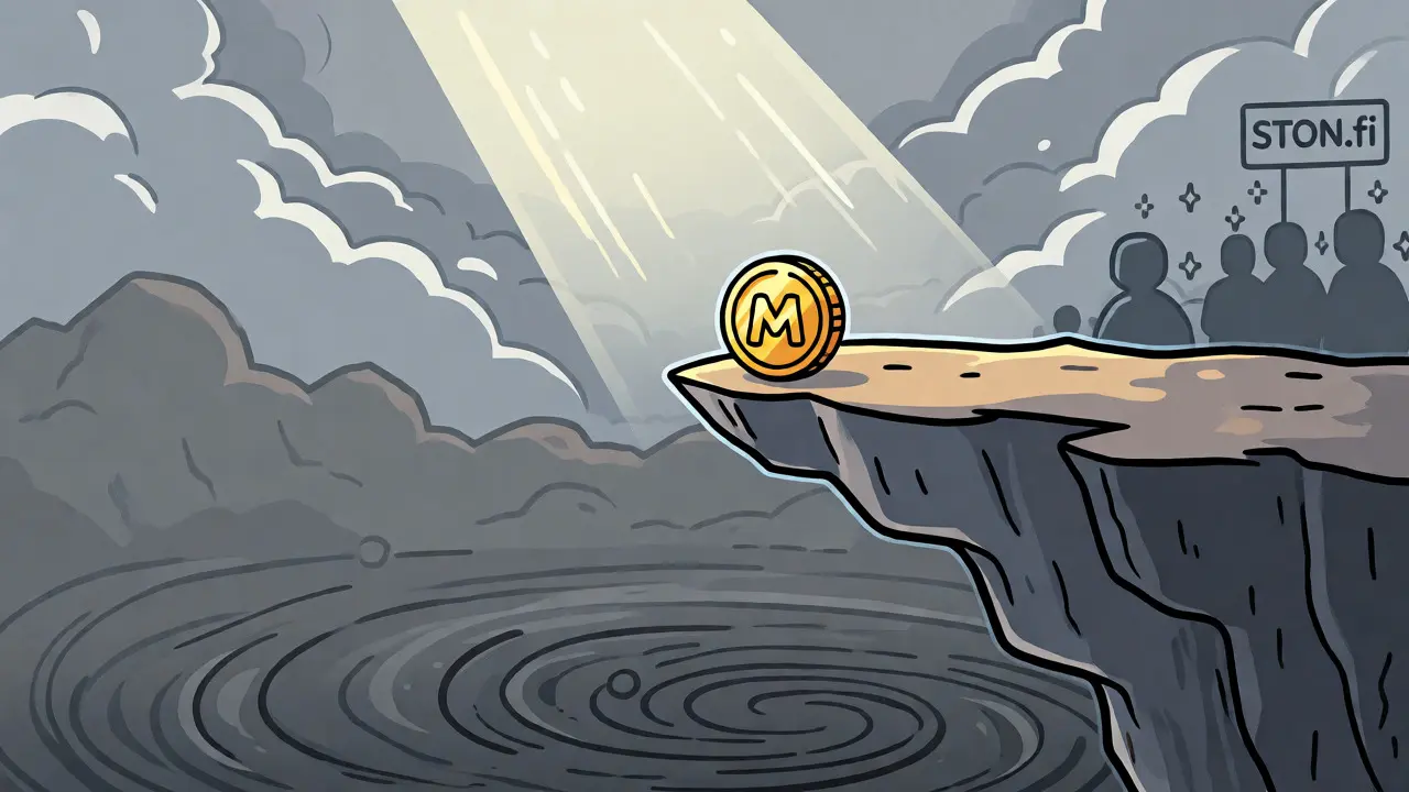 Single MEGA token balancing on cliff edge above empty void