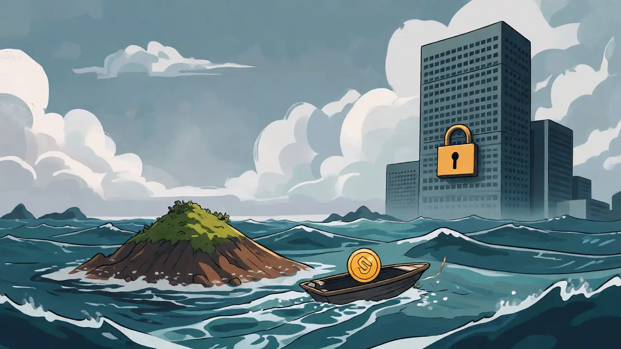 Small boat navigating choppy waters near a locked, inaccessible exchange tower.