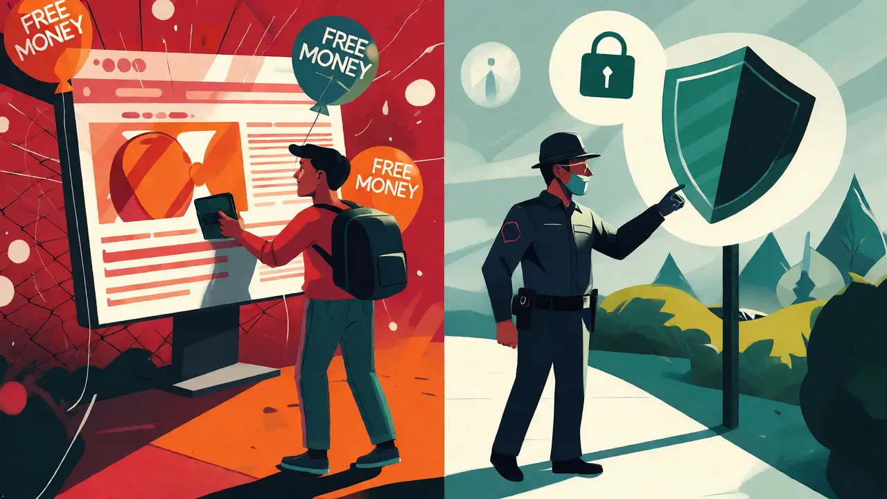 Split scene contrasting a naive user falling for scams against a cautious verifier.