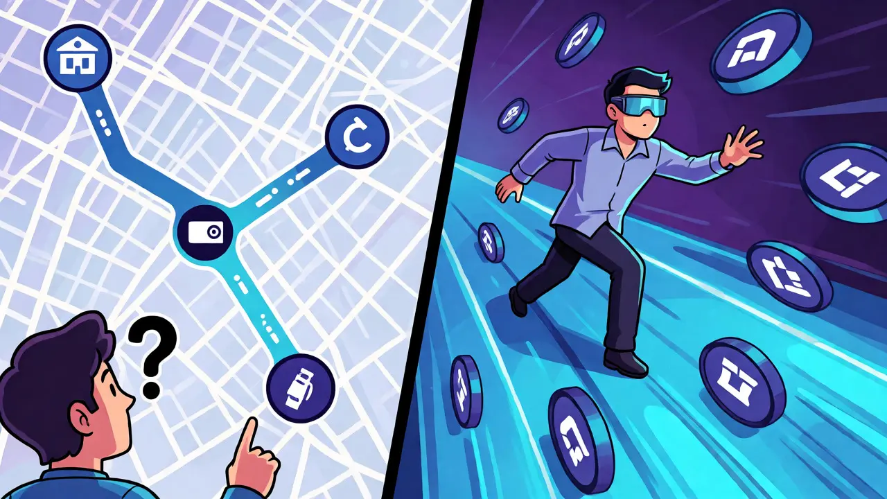 Split view comparing casual users facing fiat barriers vs. pro traders on a fast track.