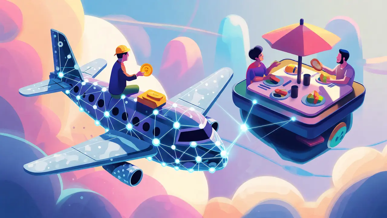 Stylized digital airplane and restaurant connected by blockchain nodes.