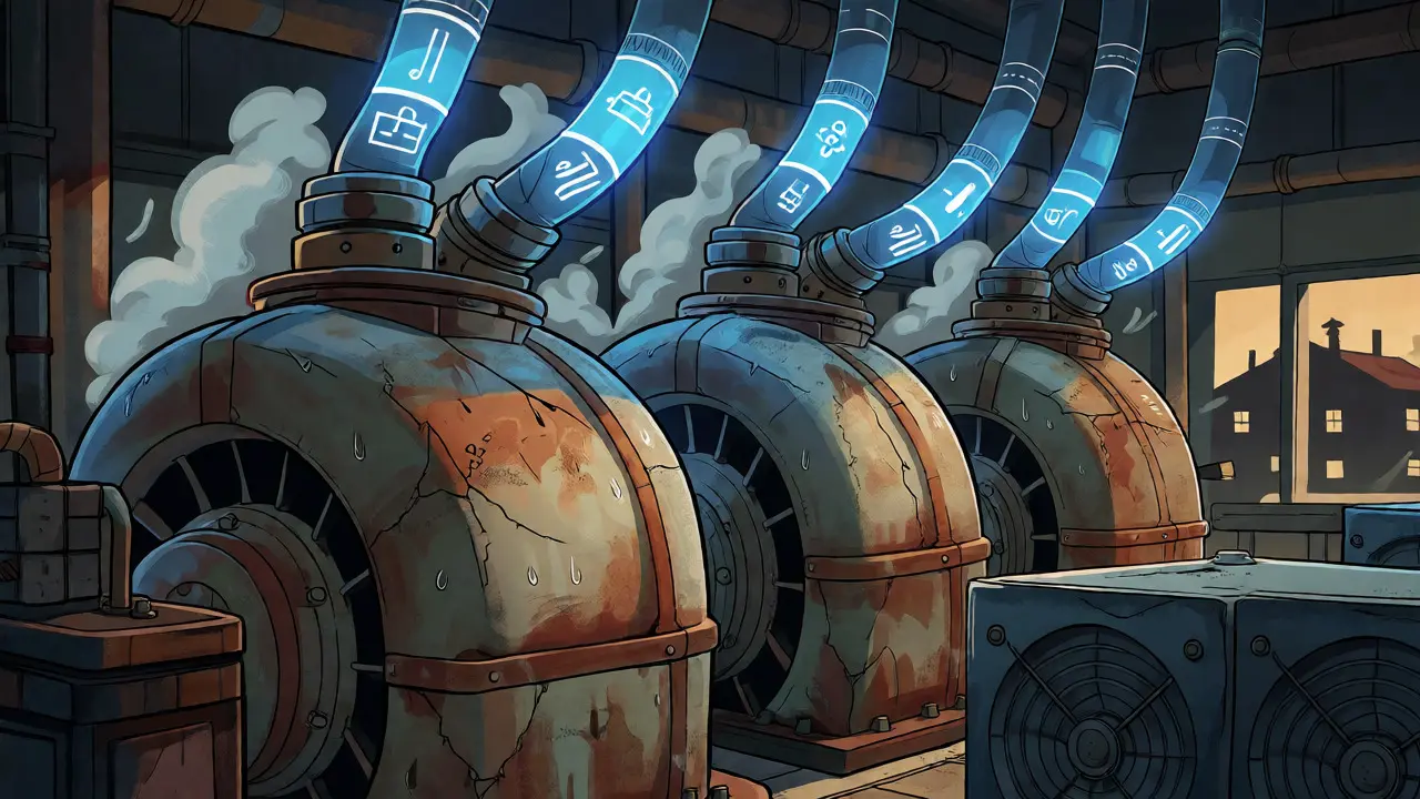 Stylized rusty power plant machinery straining under heavy crypto mining loads.