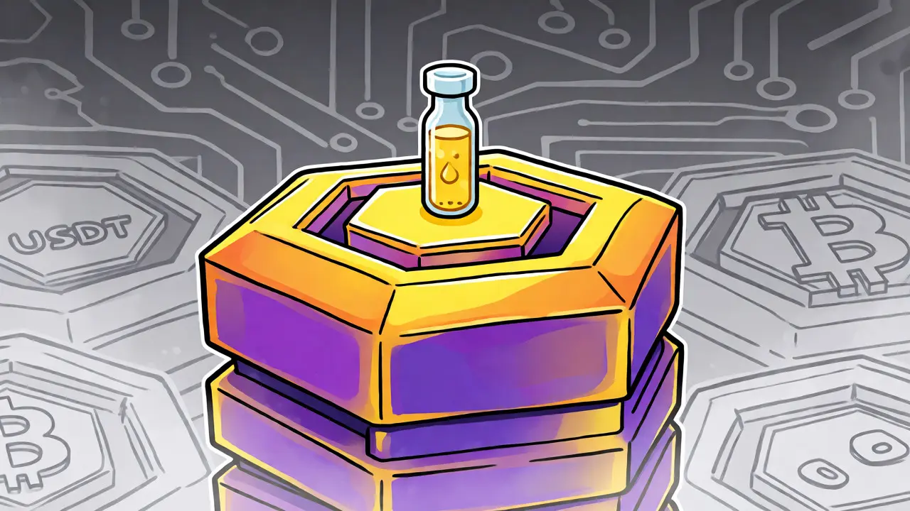Tiny IRR token vial resting on large BNB Smart Chain infrastructure block