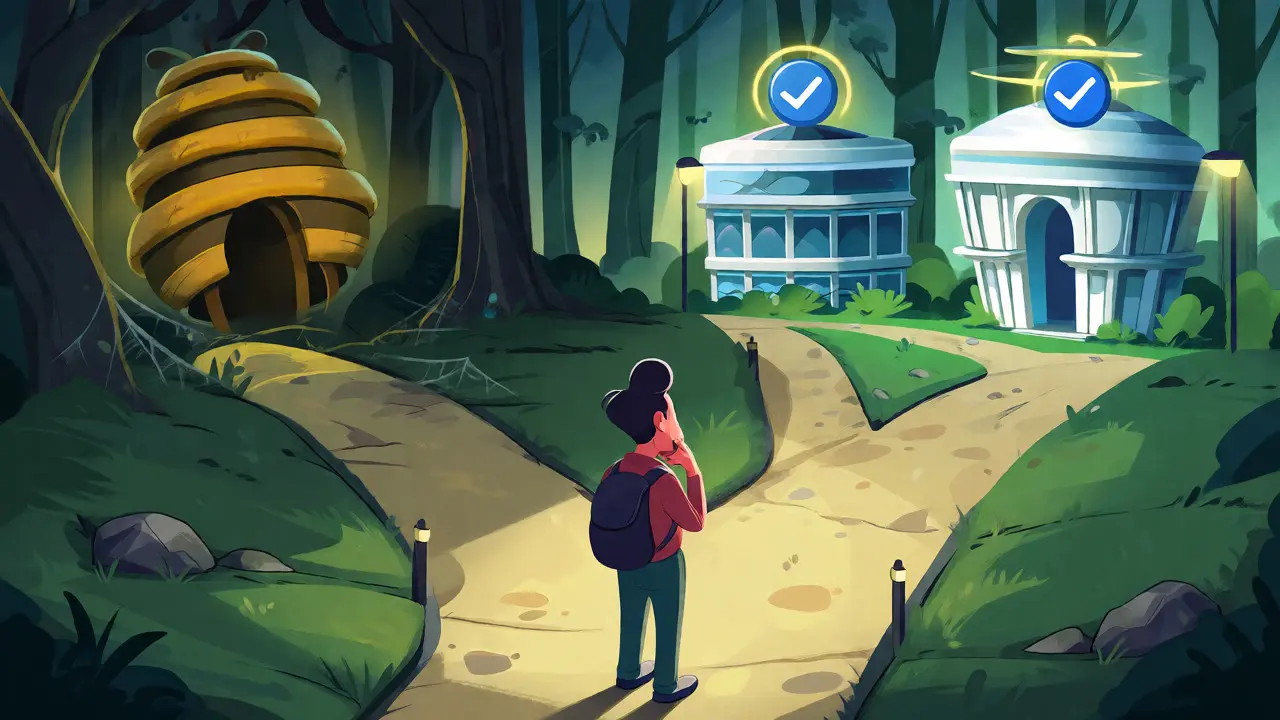 Traveler choosing between a dark, risky path to an unknown hive and bright, verified exchange destinations.