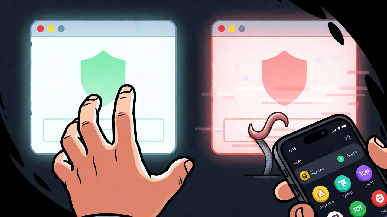 User choosing between secure and fake crypto website portals