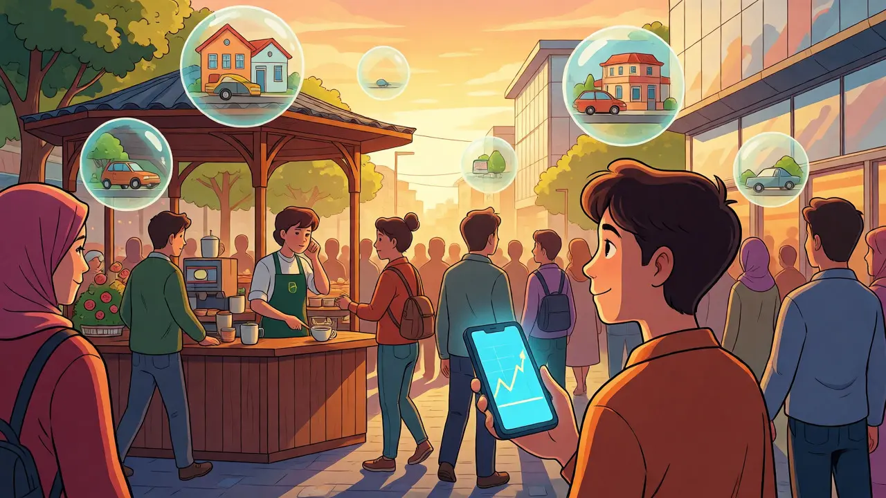 Young investor checking crypto gains in Istanbul while barista refuses payment